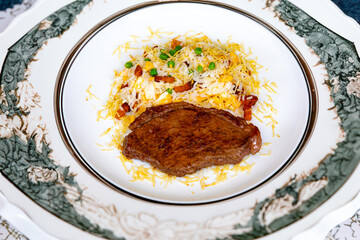 Authentic Brazilian food, grilled picanha steak with birobiro rice