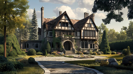 Fototapeta premium Tudor style mansion 3d illustration. Tudor Mansion. Illustration