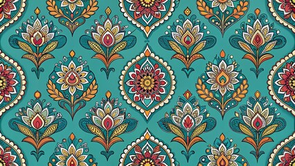 Vintage Palmette Motifs on Turquoise Background - Folk Style Pattern Art for Home Decor and Fashion