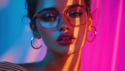 Obraz premium Vibrant Street Style: Woman In Unique Top And Stylish Glasses Against Colorful Neon Background. Youth, Beauty, And Fashion In Modern Lifestyle. Ad.