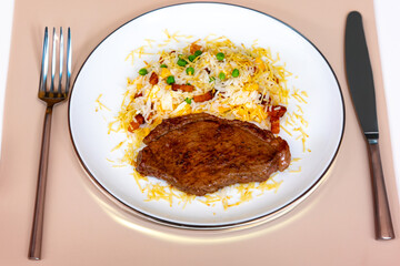 Authentic Brazilian food, grilled picanha steak with birobiro rice