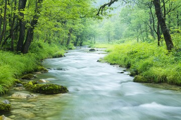 Obraz premium Tranquil river flowing through vibrant green forest
