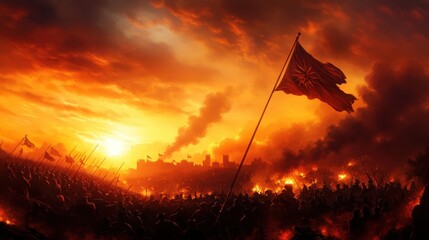 Dramatic battle scene with flag at sunset, intense atmosphere.