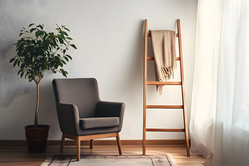 Interior of living room with wooden ladder, armchair and plant