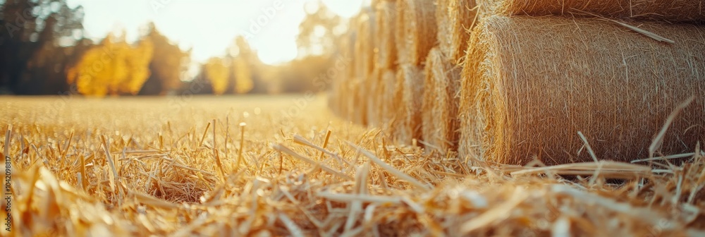 Poster golden stacks of hay are neatly arranged, glowing under the sun, surrounded by colorful fall foliage