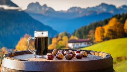 soda tasting in south tyrol with roasted chestnuts and schuettelbrot on an old soda barrel in autumn
