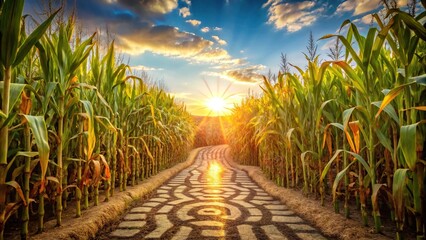 Obraz premium Corn maze at Halloween holiday celebration in sunny evening