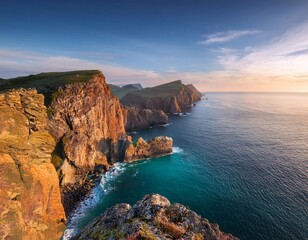 stunning coastal view of rugged cliffs and turquoise waters at dawn in a remote natural landscape