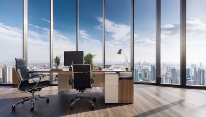 Fototapeta premium Modern spacious office interior with panoramic windows and city view, workplace and other objects. 3D Rendering.