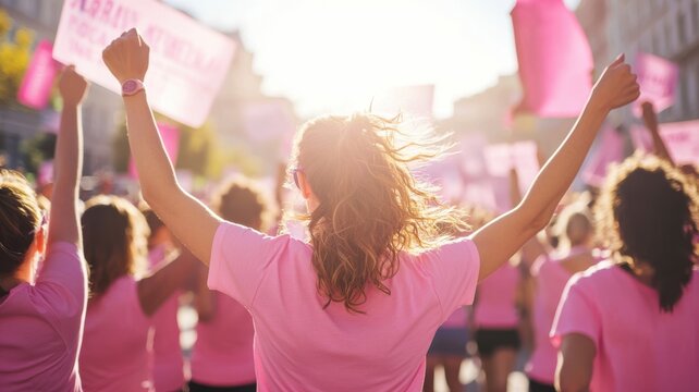 Wide-angle shot of a breast cancer charity run with participants in pink t-shirts, banners waving, and cheering under bright daylight, symbolizing hope and solidarity. Breast Cancer Awareness Month