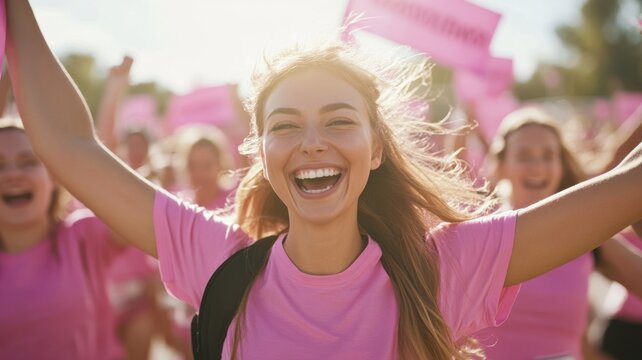 Breast cancer awareness charity run with participants cheering in pink t-shirts, wide-angle view under bright daylight showcasing excitement and community involvement. Breast Cancer Awareness Month
