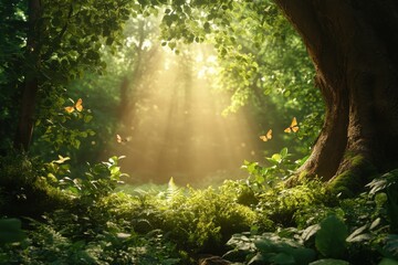 Obraz premium Sunlight streaming through trees with butterflies fluttering in a tranquil forest setting