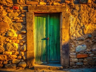 Vintage Silhouette of an Old Green Wooden Door in a Stone Wall - Charm of Rustic Architecture
