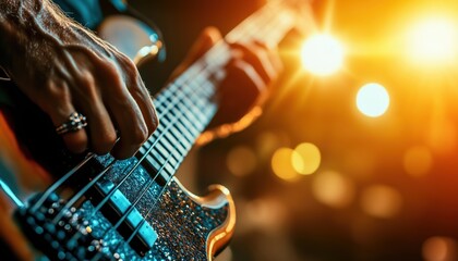 Naklejka premium Bassist'S Hands Playing Melodic Chords With Colorful Concert Light Flare: Rock And Classic Music, Hobby, Work, Energy, Music Festivals, Concerts.