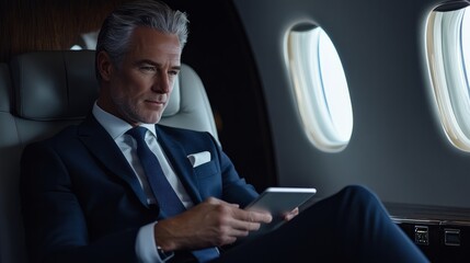 A wealthy gray hair businessman in a blue suit sits in a private jet seat close up