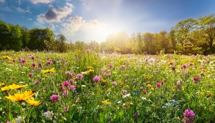 vibrant spring wildflowers in full bloom among lush green foliage during a sunny day in a colorful meadow