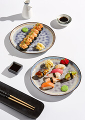 Elegant Sushi and Gunkan Set in Minimalist White Background with Artful Composition and Lighting