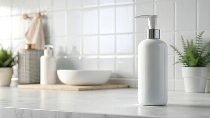 Fototapeta premium Cosmetic bottle mockup on bathroom countertop
