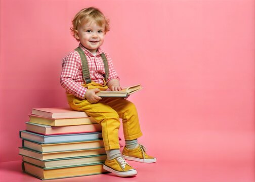 Cute little boy in bright clothes sitting on a stack of books. Educational concept.
