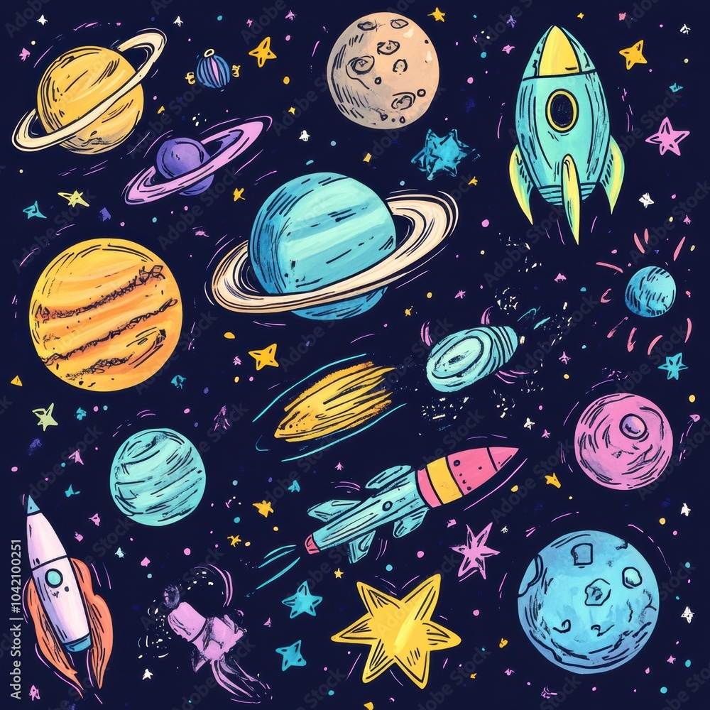 Poster a vibrant collection of space doodles showcasing various planets, stars, rockets, and asteroids in a