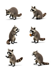 Fototapeta premium Six raccoons on a white background in different positions- one climbing, one playing, one sitting, one standing tall, one running, one eating.