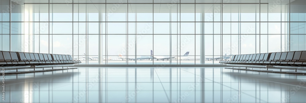 Aufkleber Sunlight streams through windows in a modern airport terminal, illuminating empty seats in a spacious waiting area as airplanes prepare for departure on the tarmac outside