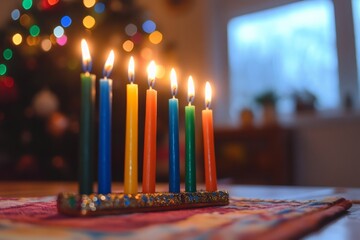 Kwanzaa celebration, the kinara with seven candles symbolizing Kwanzaa principles, set in a room full of family celebrating festively