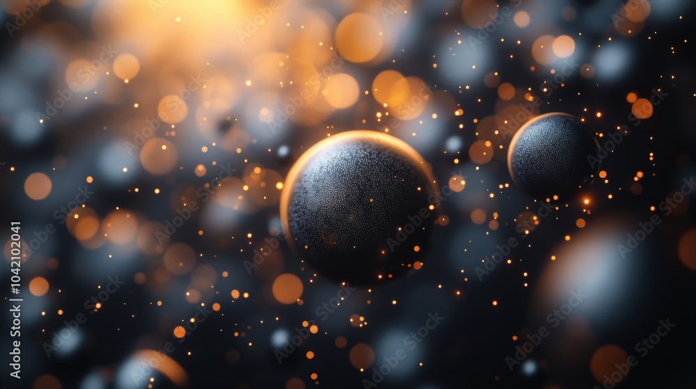 Aufkleber A collection of glowing particles and spheres float through a dark void, illuminated by soft, warm light. The composition evokes a sense of wonder and cosmic beauty.