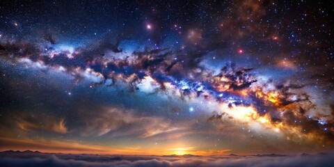 Cosmic Milky Way landscape with stars nebulae glowing interstellar space clouds