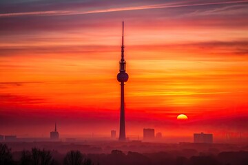 Fototapeta premium Crimson dawn behind TV tower in early morning