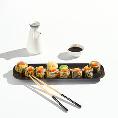 Exquisite Tempura Sushi Roll with Grapefruit and Salmon – Minimalist Gourmet Dining Photography