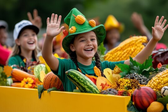 A Thanksgiving parade float, decorated with autumnal colors and cheerful people waving to the crowd