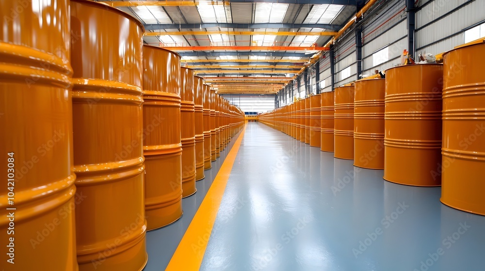 Poster efficient assembly line in a modern factory - precision oil barrel arrangements and intricate machin