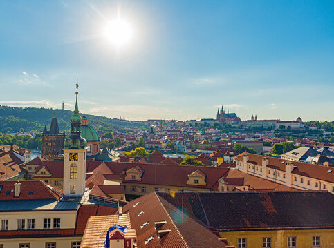 View of Lesser Town and St. Vitus Cathedral in Prague Castle From The Clementinum Astronomical Tower  in Prague, Czech Republic.