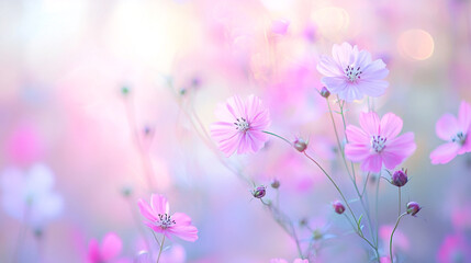 Fototapeta premium Soft pink flowers blooming in a dreamy garden during the golden hour of late afternoon