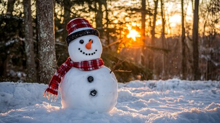 Obraz premium Cheerful Snowman in Winter Wonderland at Sunset