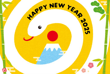 2025年巳年の年賀状、富士山を囲む白い蛇