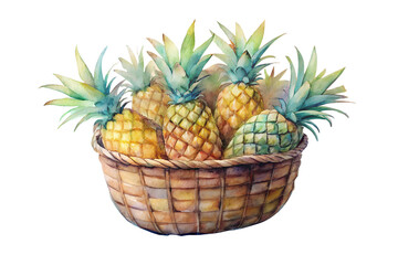Watercolor hand drawn Lots of Pineapple in a basket