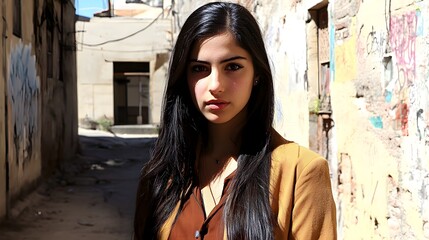 Naklejka premium Confident Woman in Urban Setting with Natural Light