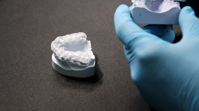 Tooth imprint and dental splint held by Orthodontist with his hands for dental protection against bruxism and gnash protection as dentistry surgery for braces against underbite or crossbite by plaster