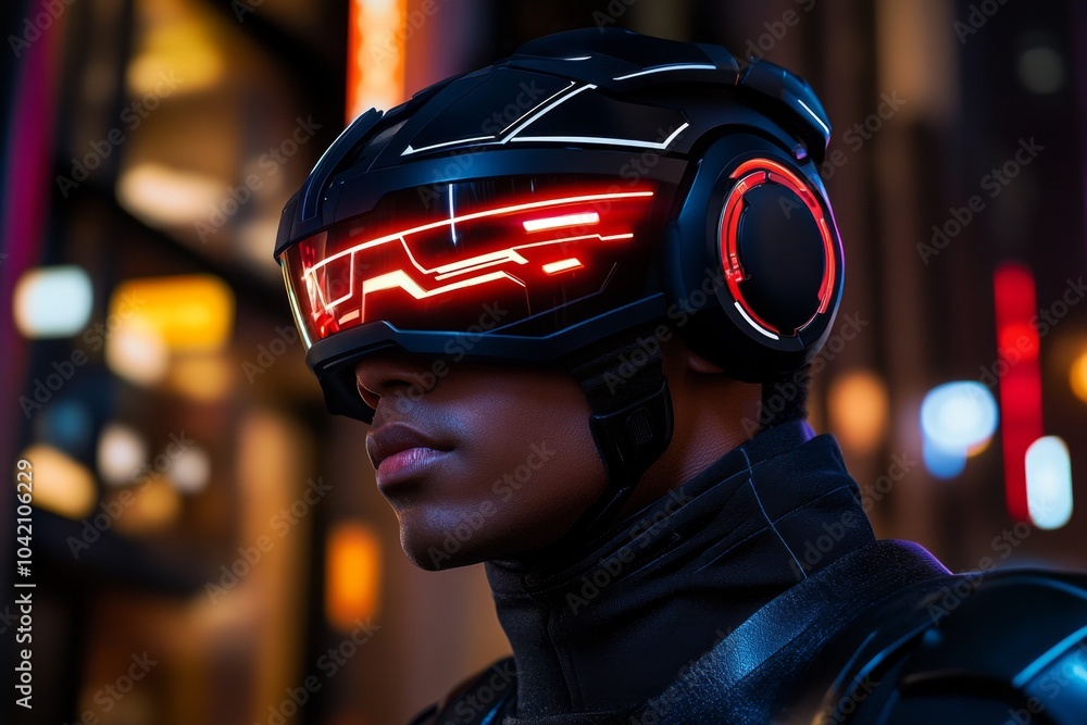 Aufkleber cyberpunk future, where diverse people interact with ai and virtual reality in a bustling high-tech 