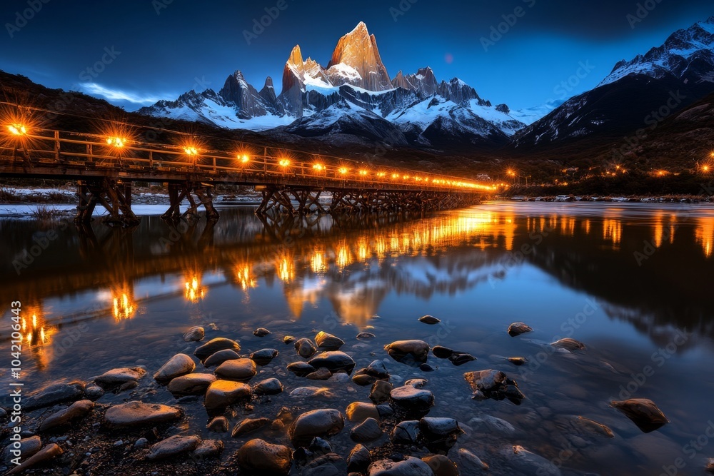 Poster cyberpunk version of monte fitz roy, with neon lights illuminating the peaks and a futuristic city i