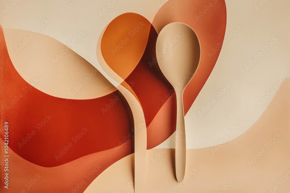 Poster Two abstract spoon shapes are presented against a backdrop of soft, warm colors that create a harmonious and modern composition. Generative AI