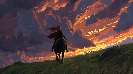 Happy Girl Riding Horse at Sunset