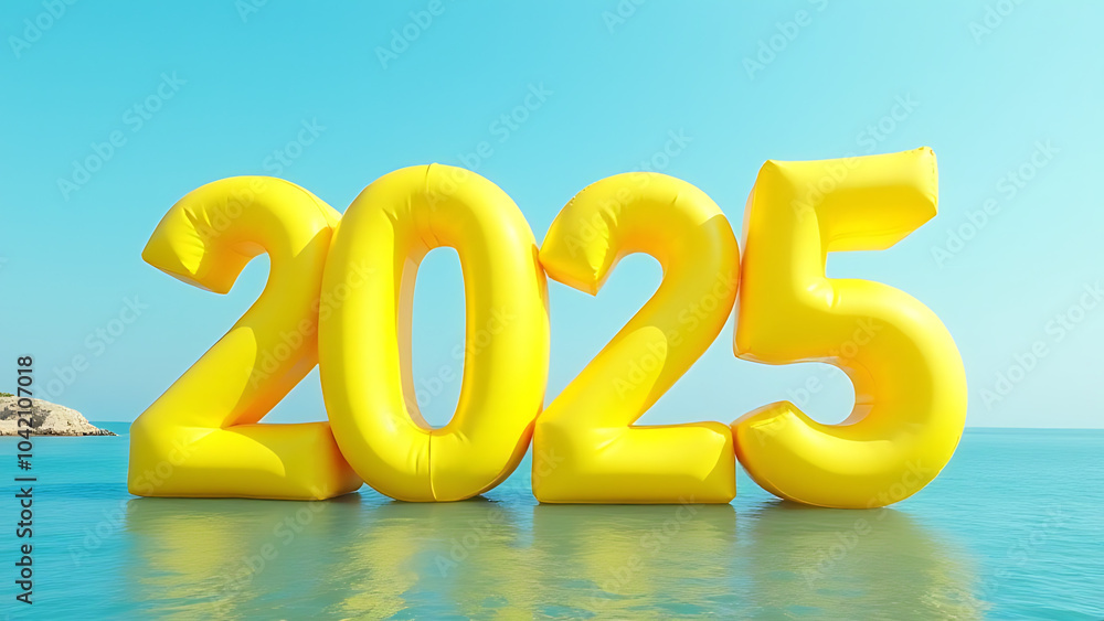 Poster the vibrant inflatable yellow letters on a serene blue background make for an eye catching visual di
