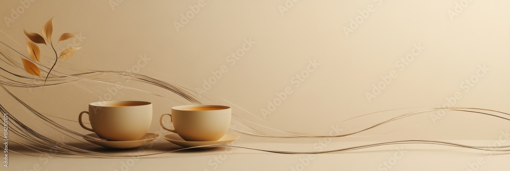 Poster The composition highlights two delicate cups accompanied by flowing lines that evoke the essence of tea leaves in a soft backdrop. Generative AI