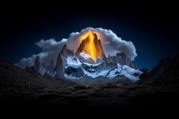 Dark, stormy sky over Monte Fitz Roy, with lightning illuminating the jagged peaks and casting long shadows over the rugged landscape