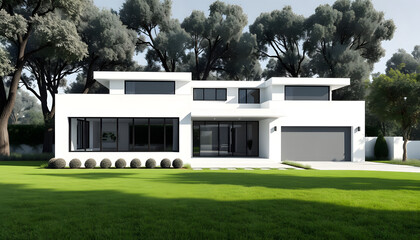 Perspective of  black and white modern luxury house with green lawn yard on tree background, Idea of minimal architecture with garage door. 3D rendering with a white accent, png