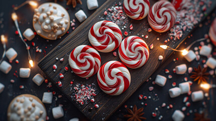 Flat lay of candy cane cookies twisted in red and white, placed on a dark wooden board surrounded by crushed peppermint and mini marshmallows, with fairy lights softly glowing in the background.