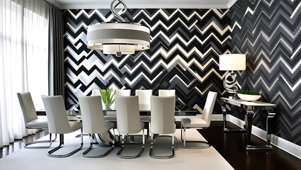 Fototapeta premium Dining room with geometric wallpaper and stylish lighting elements